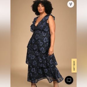 NWT Lulus Molinetto Navy Blue Lace Ruffled Tiered Sleeveless Maxi Dress-Size 1X